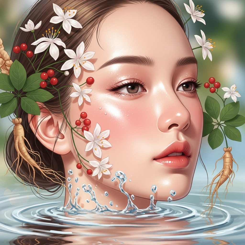 A serene illustration of a woman's face with smooth, glowing skin, surrounded by delicate ginseng flowers and soft, flowing water, representing hydration and youthfulness.