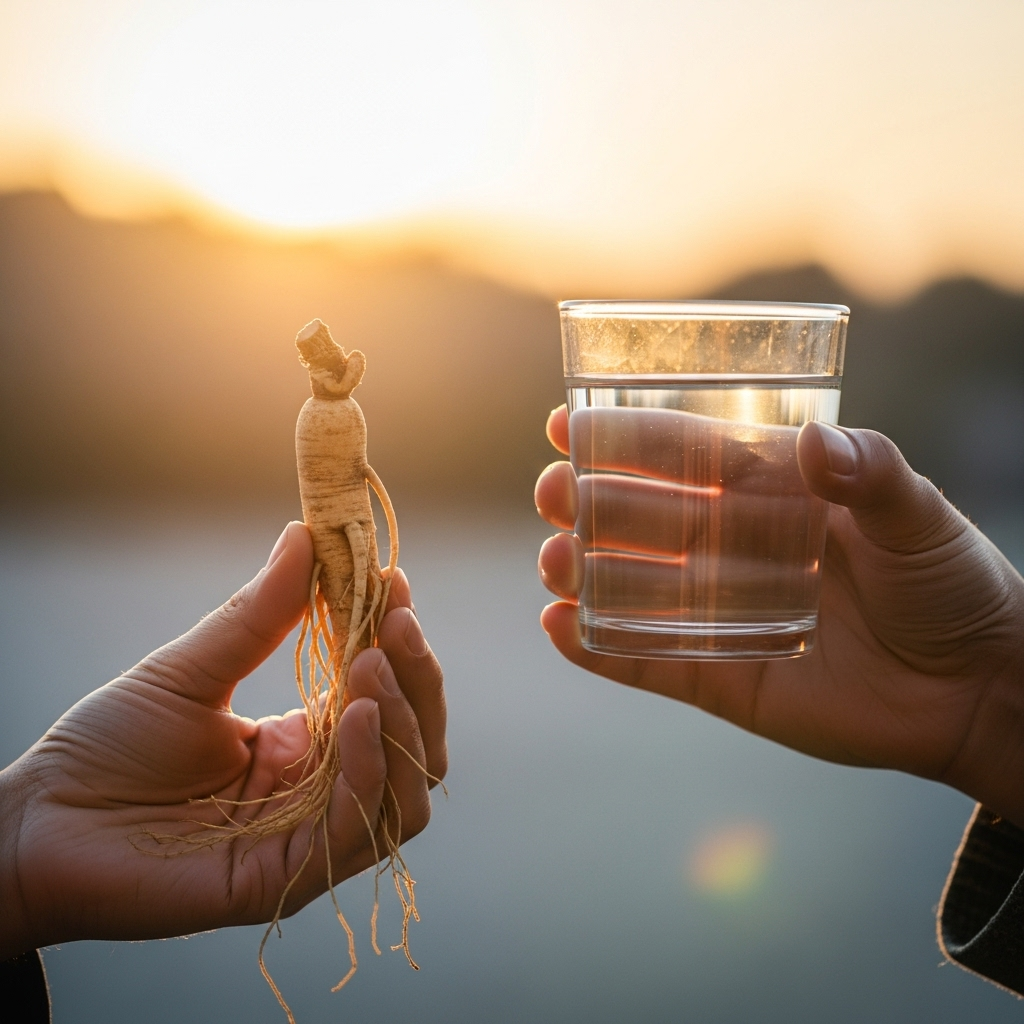 A balanced image showing two hands, one holding a small, healthy ginseng root and the other a glass of water, with a gentle sun in the background, symbolizing moderation and proper intake.