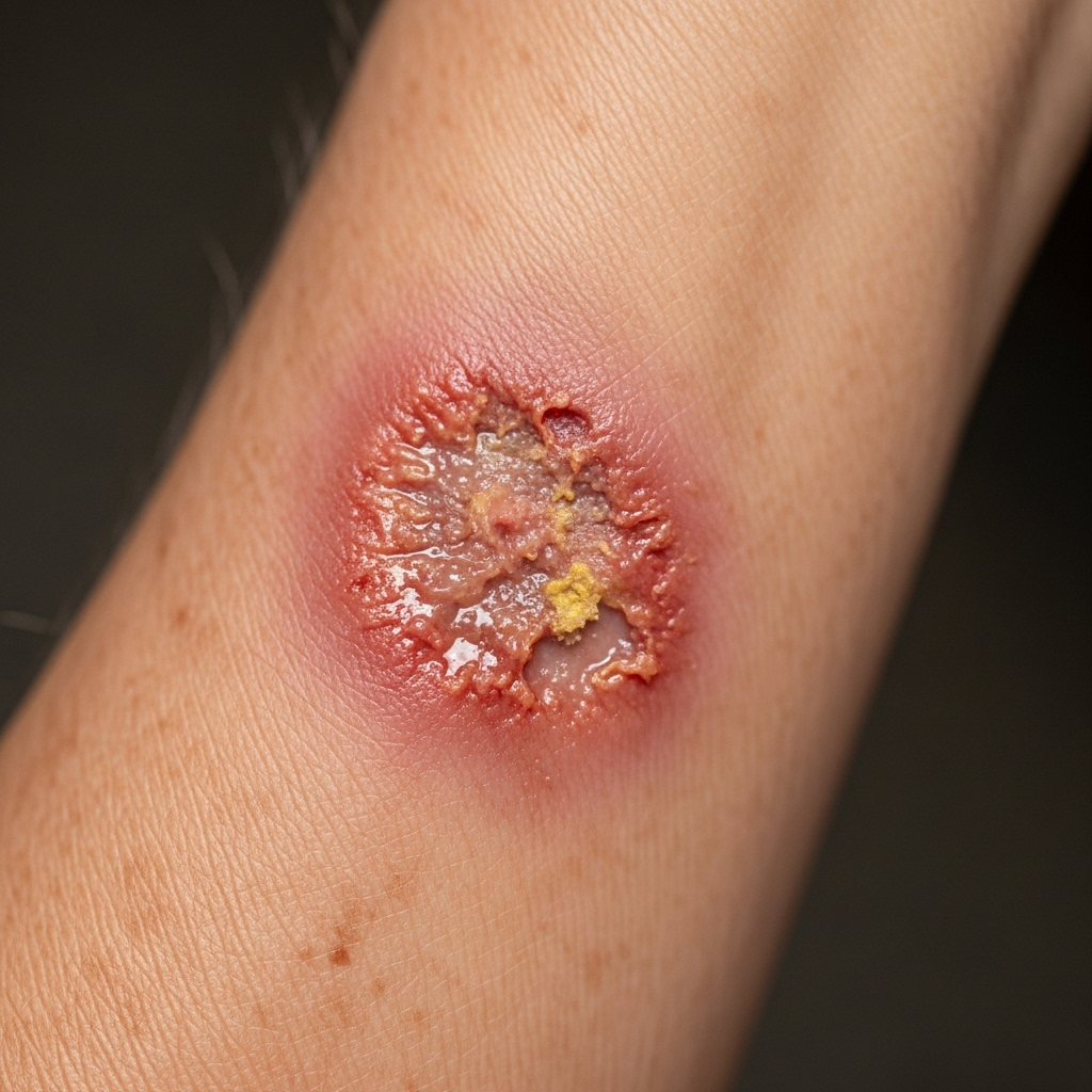 A close-up of a small, persistent sore on an elderly person's arm that looks slightly inflamed and has not healed properly, surrounded by normal skin texture. The image focuses on the wound, depicting a medical context without being overly graphic. No text on the image.