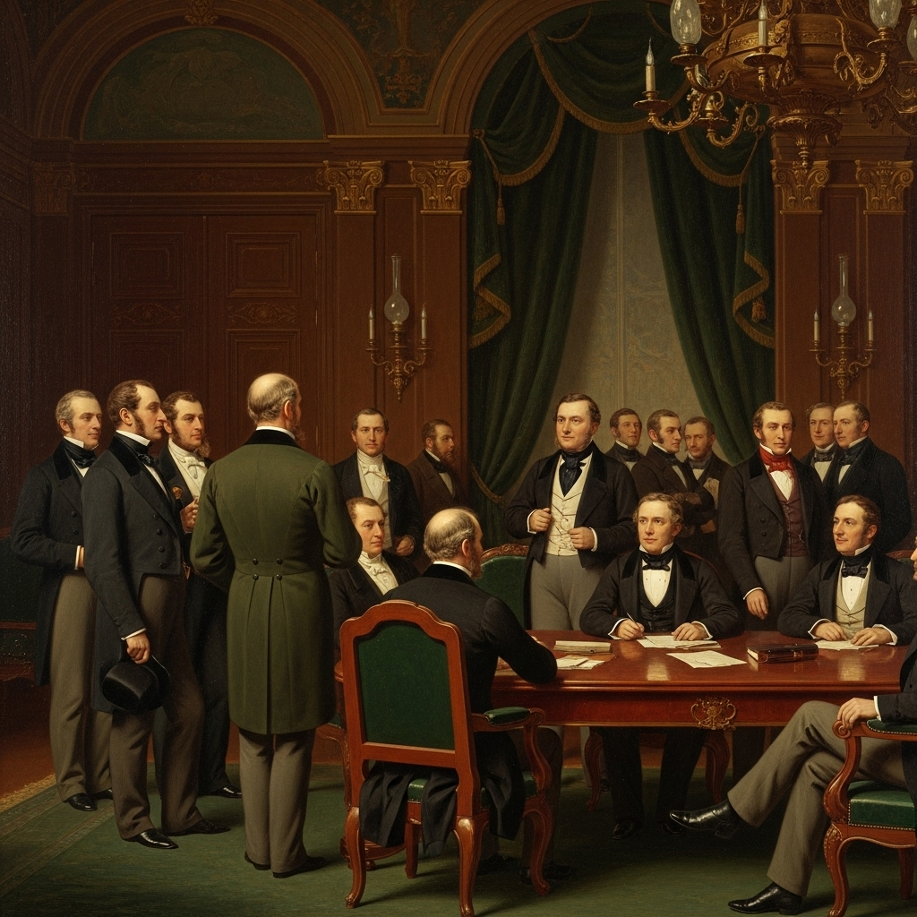 An antique illustration or painting of a formal 19th-century European setting, possibly a meeting or a social gathering, with men in formal attire discussing, representing the conservative societal views of the era, no visible text.