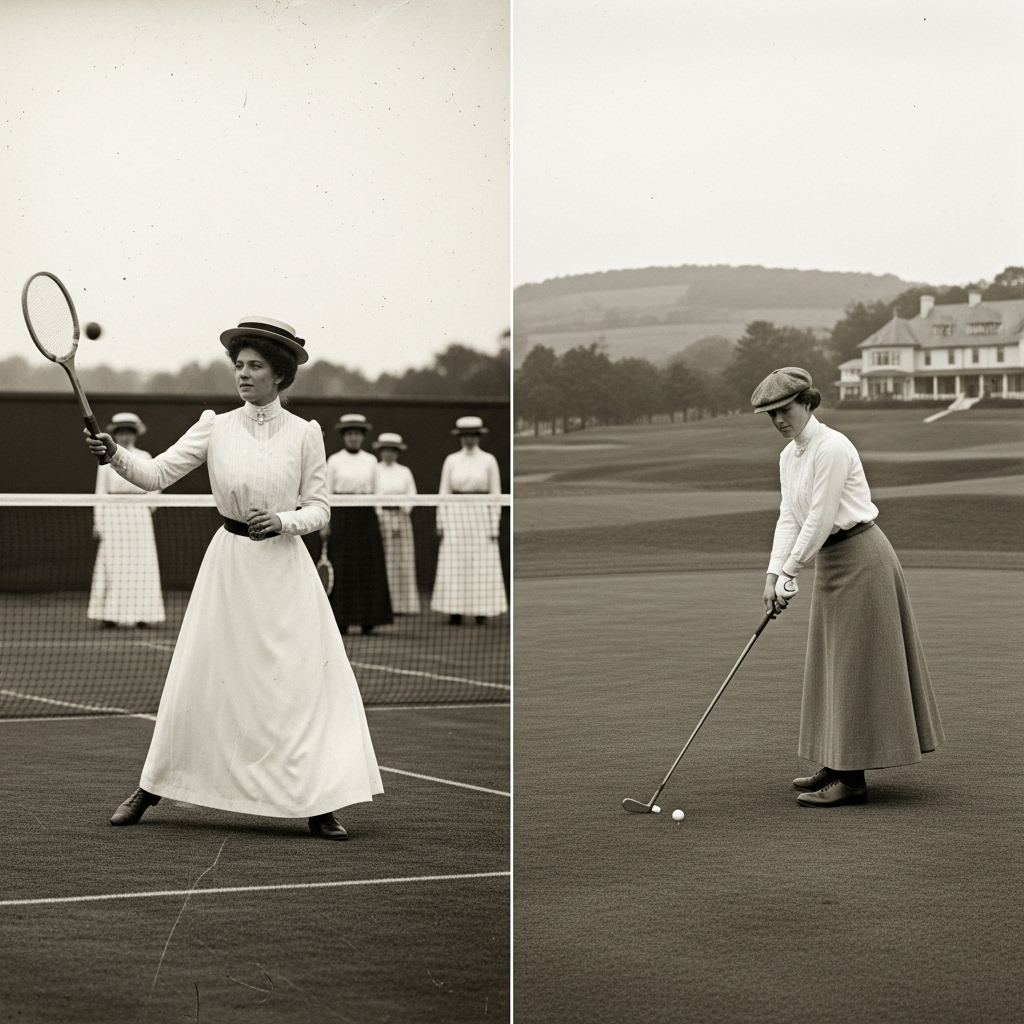 A vintage-style photograph or illustration of female athletes from the early 1900s, dressed in tennis and golf attire, participating in their respective sports at a historic event, evoking a sense of pioneering spirit, no visible text.