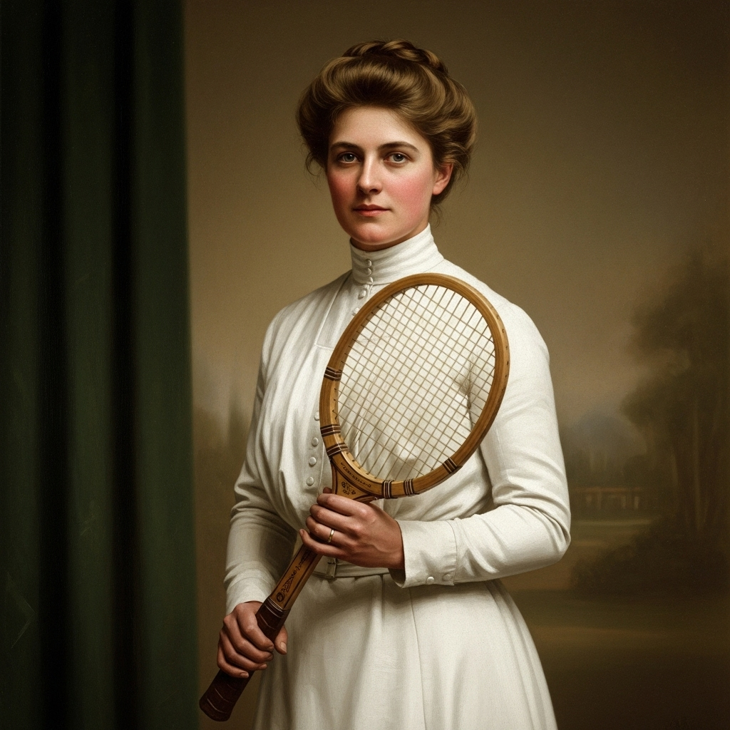 A dignified portrait of Charlotte Cooper, a female tennis player from the early 1900s, holding a tennis racket, in an elegant and historic style, representing a pioneering athlete, no visible text.