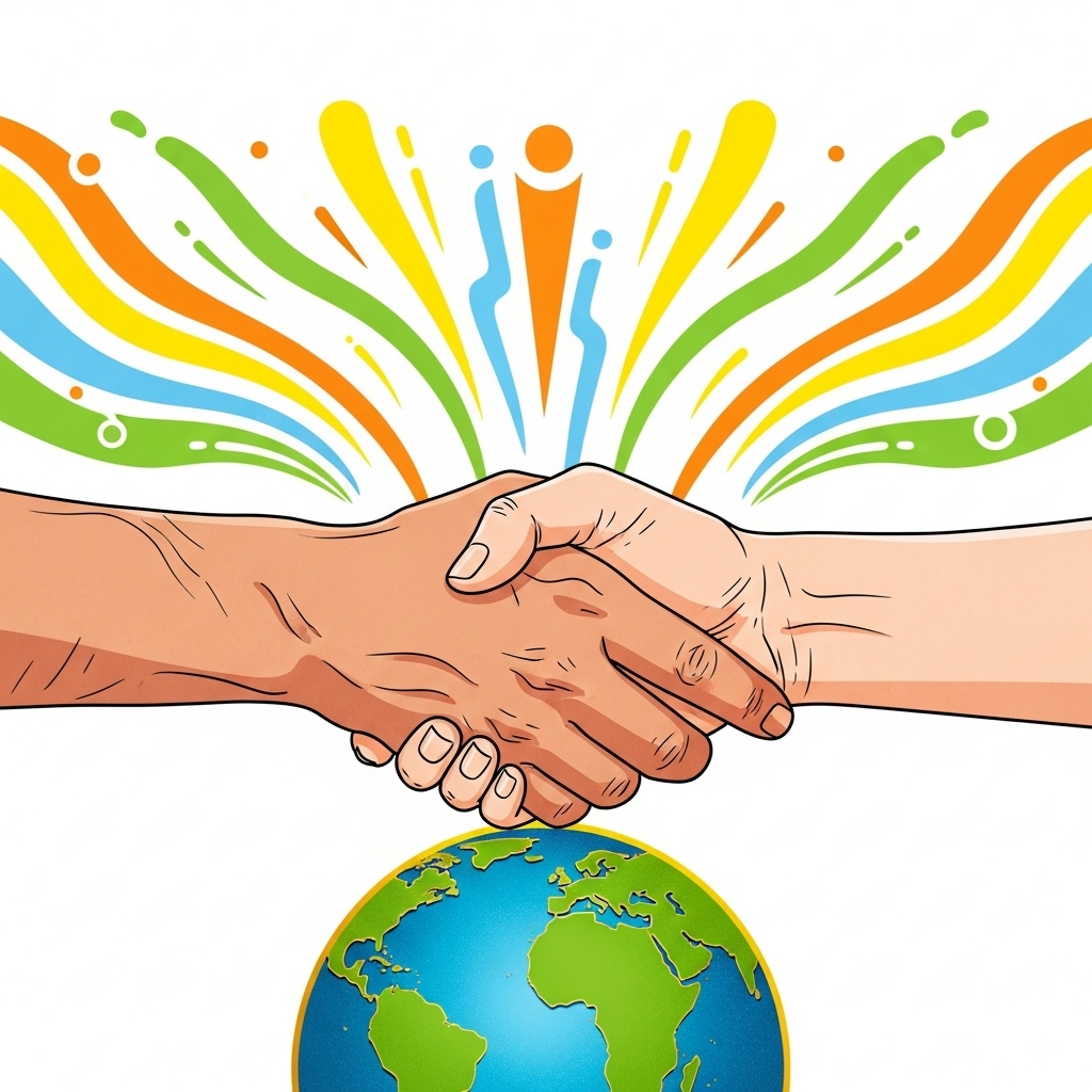 A stylized graphic showing two hands, one male and one female, clasped together over a globe, symbolizing unity, equality, and sportsmanship, with a bright, hopeful color palette, no visible text.