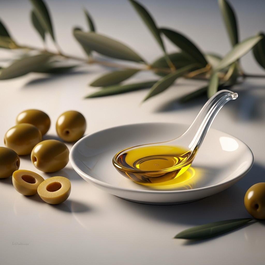 A beautifully composed still life of a small glass spoon filled with golden olive oil, placed on a clean white dish, with fresh green olives and olive branches gently blurred in the background, suggesting health and natural goodness. The lighting is soft and warm.