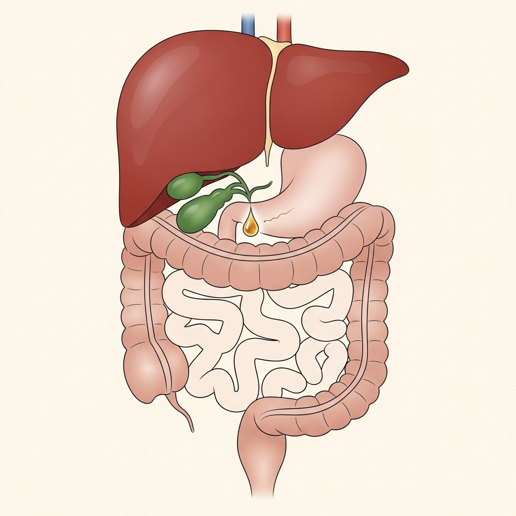 A diagrammatic representation of the human digestive system focusing on the liver, gallbladder, and intestines. The diagram is simplified and uses gentle, natural colors. A small droplet of oil is shown interacting with the gallbladder, symbolizing bile production.