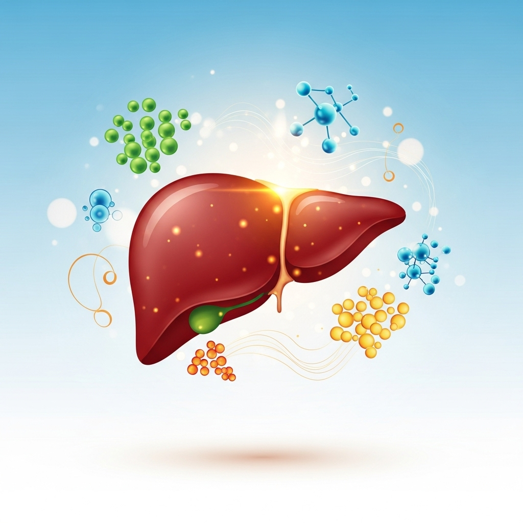 A stylized illustration of a healthy human liver with subtle glow, surrounded by microscopic elements representing antioxidants and healthy fats. The background is clean and suggests medical wellness.