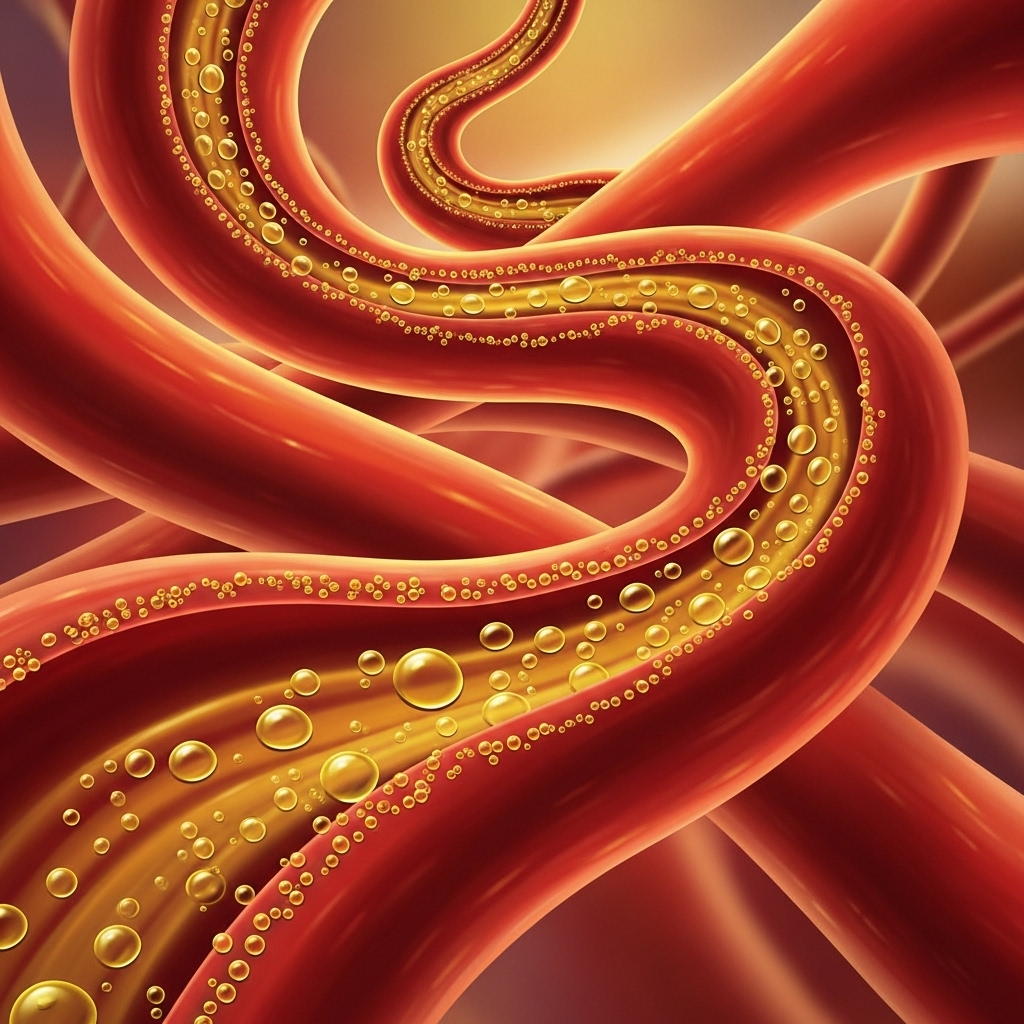 An abstract representation of clean, healthy blood vessels flowing smoothly, with tiny olive oil droplets circulating and providing protective layers. The colors are warm and inviting.