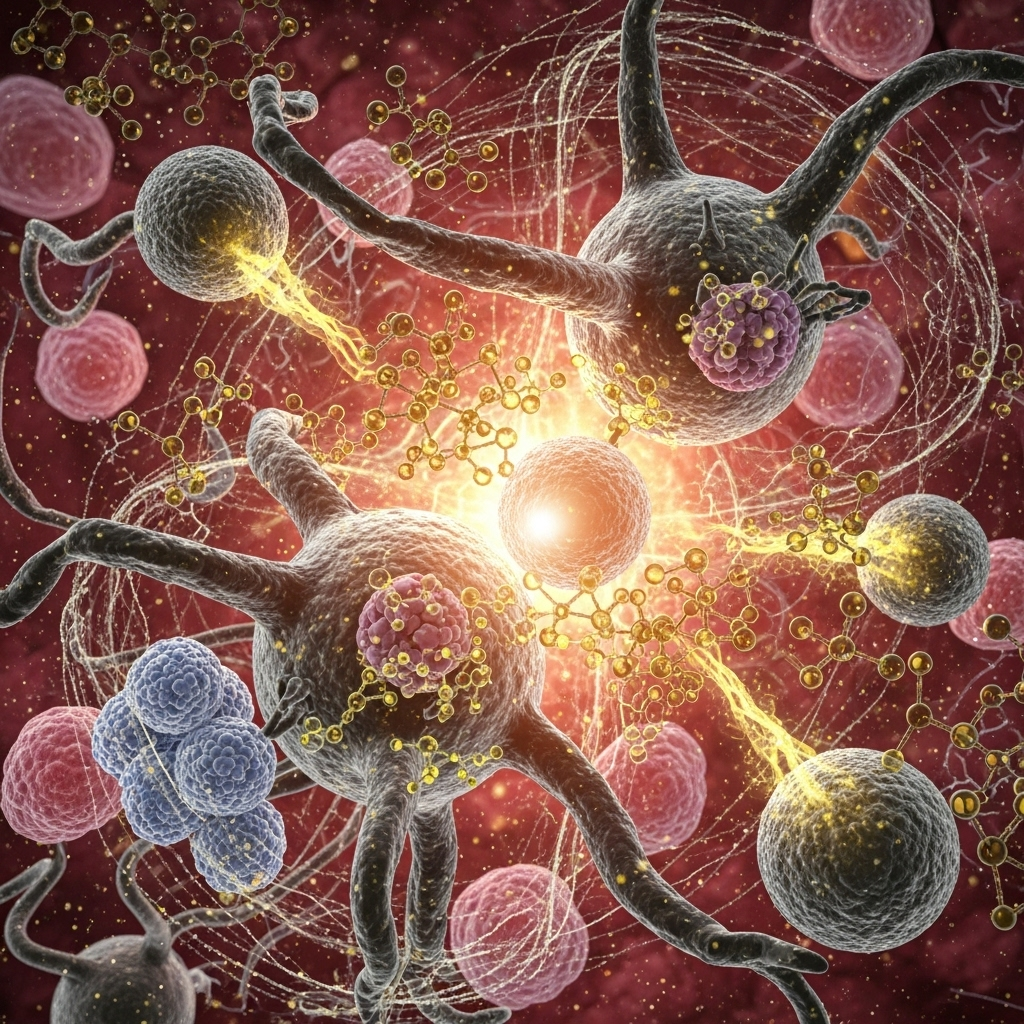 A microscopic view of immune cells actively working to neutralize inflammation, depicted with elements suggesting antioxidants from olive oil. The image is dynamic and vibrant, showing cellular activity.