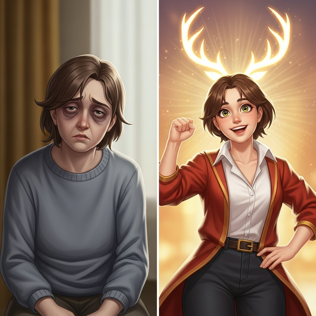 A person looking tired and drained, then transforming into a vibrant, energetic person with a glowing deer antler (nokyong) in the background, symbolizing vitality and health. The style is warm and inviting.