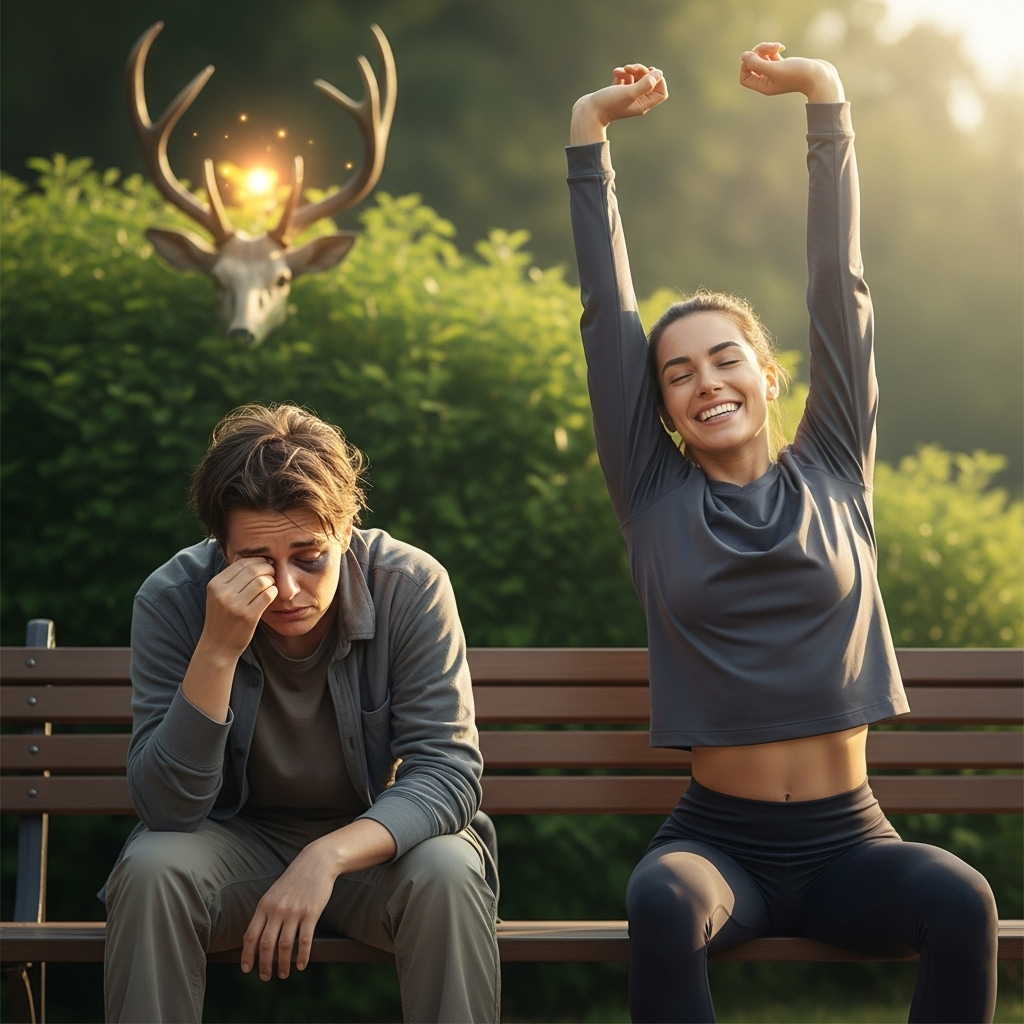 A person with a visibly tired expression and slumped shoulders, contrasted with an energetic person stretching happily in the morning sun. A subtle glow emanates from a deer antler in the background.
