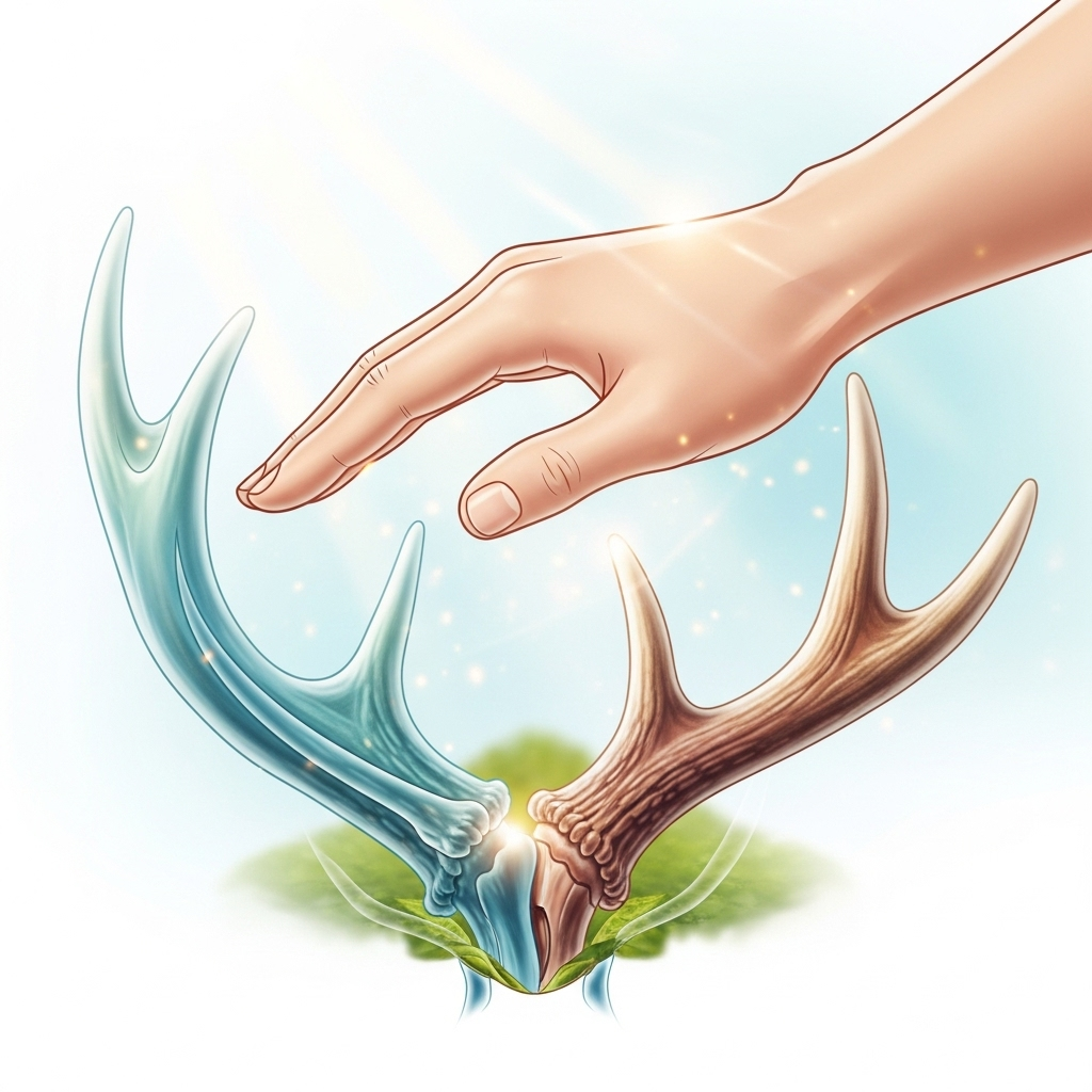 Healthy, flexible joints and strong bones are depicted with a gentle, supportive hand from a deer antler, emphasizing protection and strength. The scene is bright and comforting.