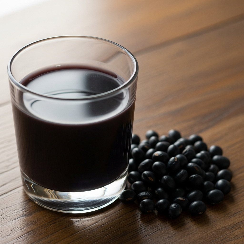 A vibrant, close-up shot of a glass of black soybean milk next to a handful of raw black soybeans on a wooden table, with a soft, natural light illuminating the scene. The background is slightly blurred.