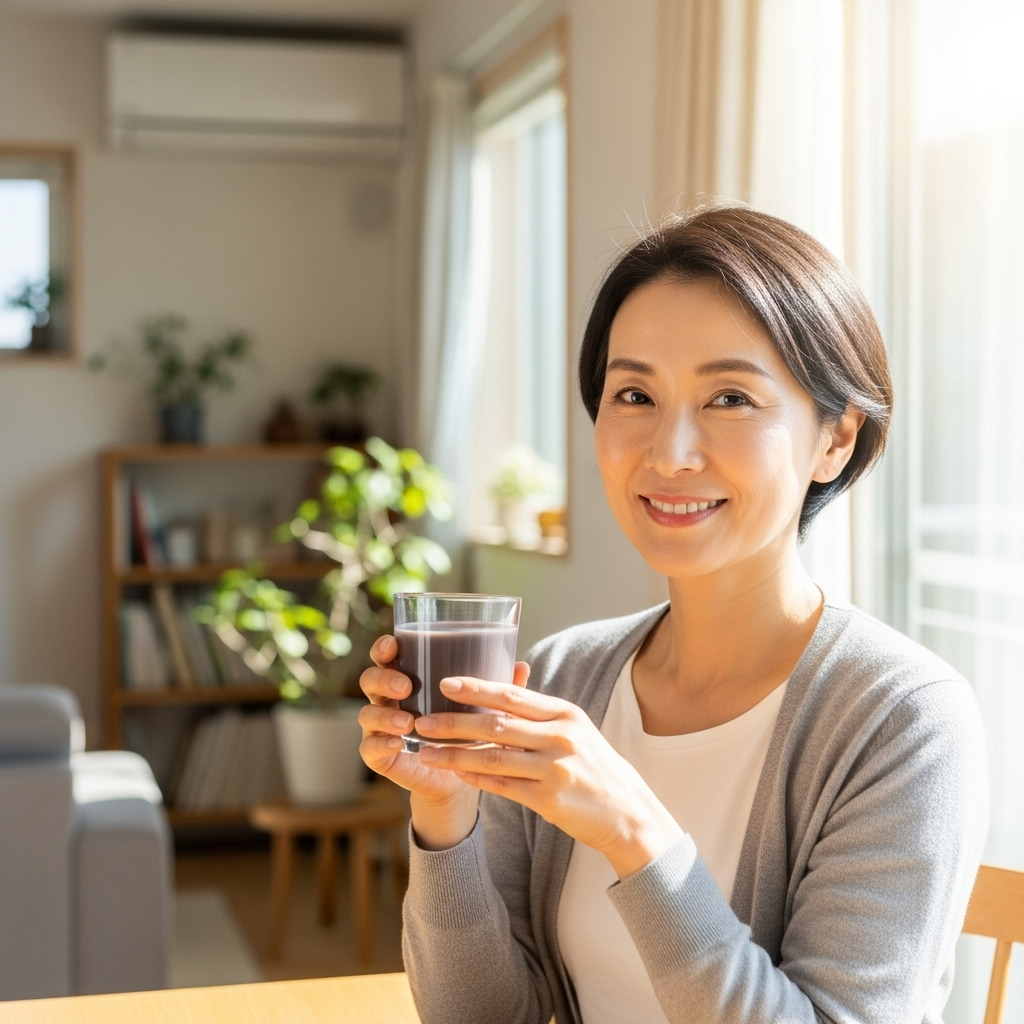 A serene, middle-aged woman smiling softly while enjoying a glass of black soybean milk in a brightly lit, comfortable home setting. She looks calm and healthy.