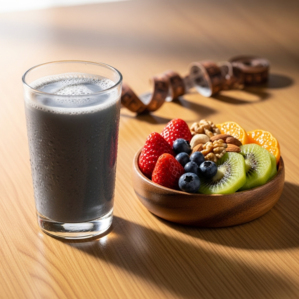 A refreshing glass of black soybean milk placed on a table next to a bowl of fresh fruits and nuts, with a measuring tape subtly in the background, implying health and wellness.
