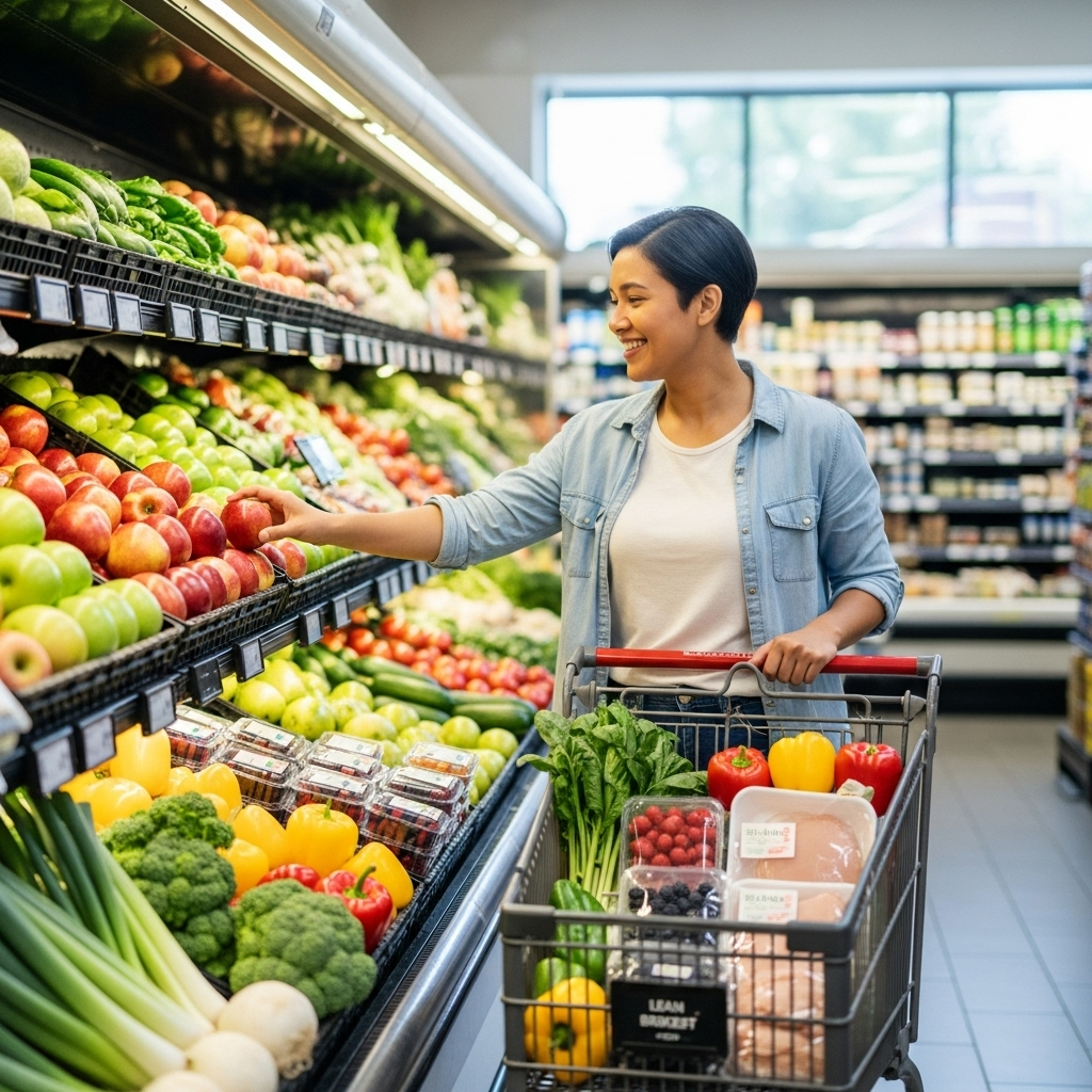 A person cheerfully choosing healthy food options like fruits, vegetables, and lean protein at a grocery store, with a vibrant and fresh aesthetic.