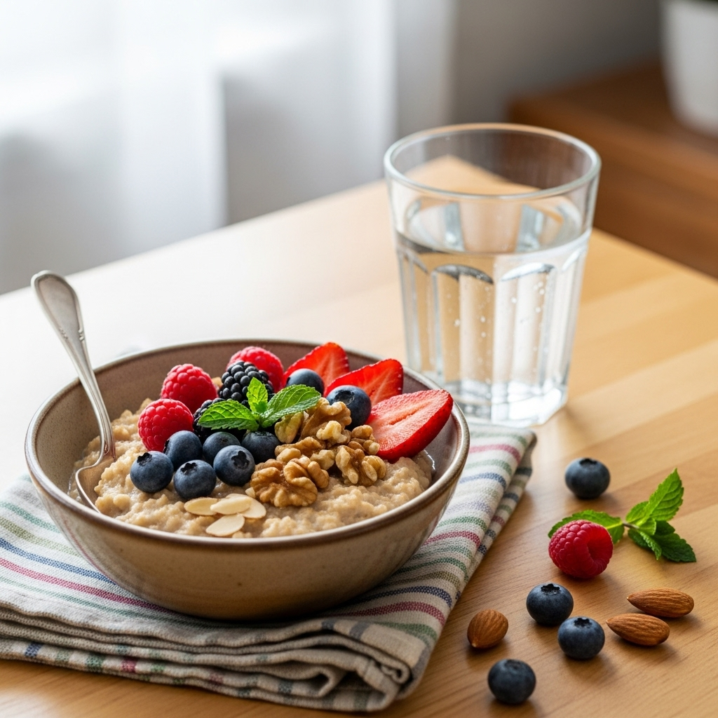 A bowl of oatmeal with berries and nuts, next to a glass of water, illustrating healthy soluble fiber intake in a bright, inviting setting.