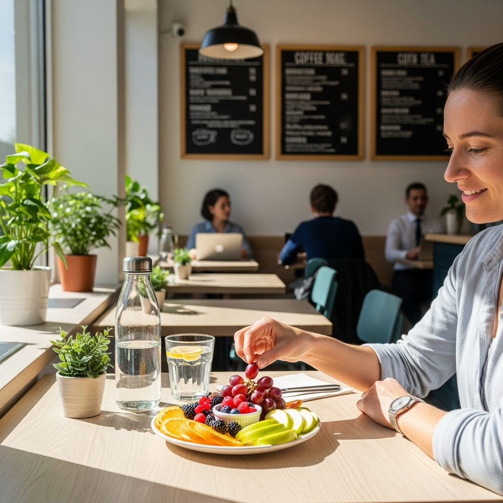 A person avoiding sugary drinks and snacks, instead choosing fresh fruits and water at a bright, clean cafe setting.
