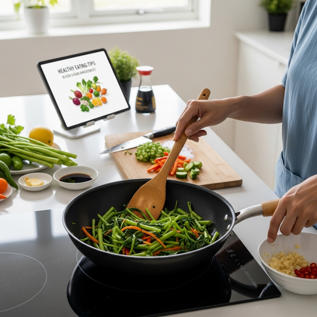A person preparing a healthy meal with fresh kangkong, focusing on a vibrant stir-fry dish, with a digital tablet displaying information about healthy eating or blood sugar management in the background (not too prominent, subtle).