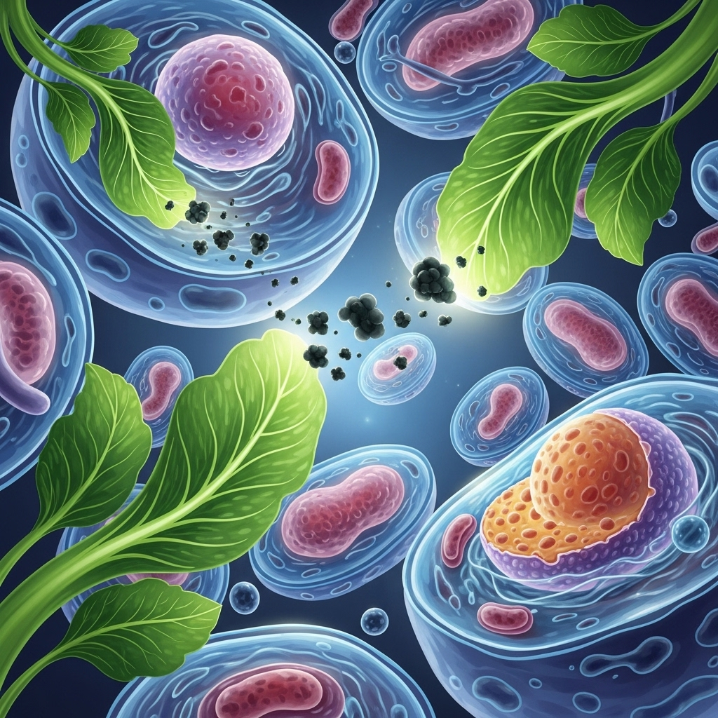 A stylized representation of body cells being cleansed and toxins removed, with green plant elements like kangkong integrated into the abstract design, conveying detoxification and health benefits.