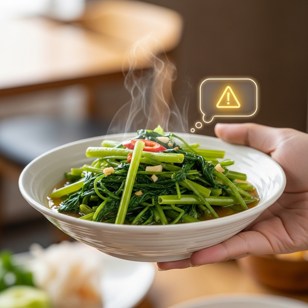 A hand holding a freshly cooked stir-fried kangkong dish, emphasizing a healthy, delicious meal, with a subtle warning sign or thought bubble indicating caution or moderation in consumption.