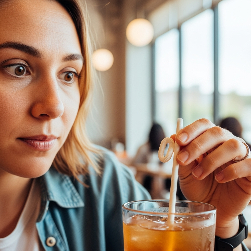 A person looking thoughtfully at a paper straw in a drink, with a slightly confused or surprised expression. The background is a bright, clean cafe setting. The focus is on the straw and the person's face, conveying a sense of questioning. The image should be visually appealing and evoke curiosity about the topic. No text on the image.