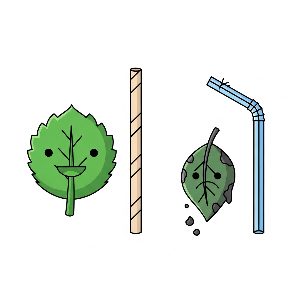 A simple illustration showing a happy, green leaf symbol next to a paper straw, and a sad, polluted symbol next to a plastic straw. The contrast subtly suggests a perceived difference. The style is clean and infographic-like, but without any text.