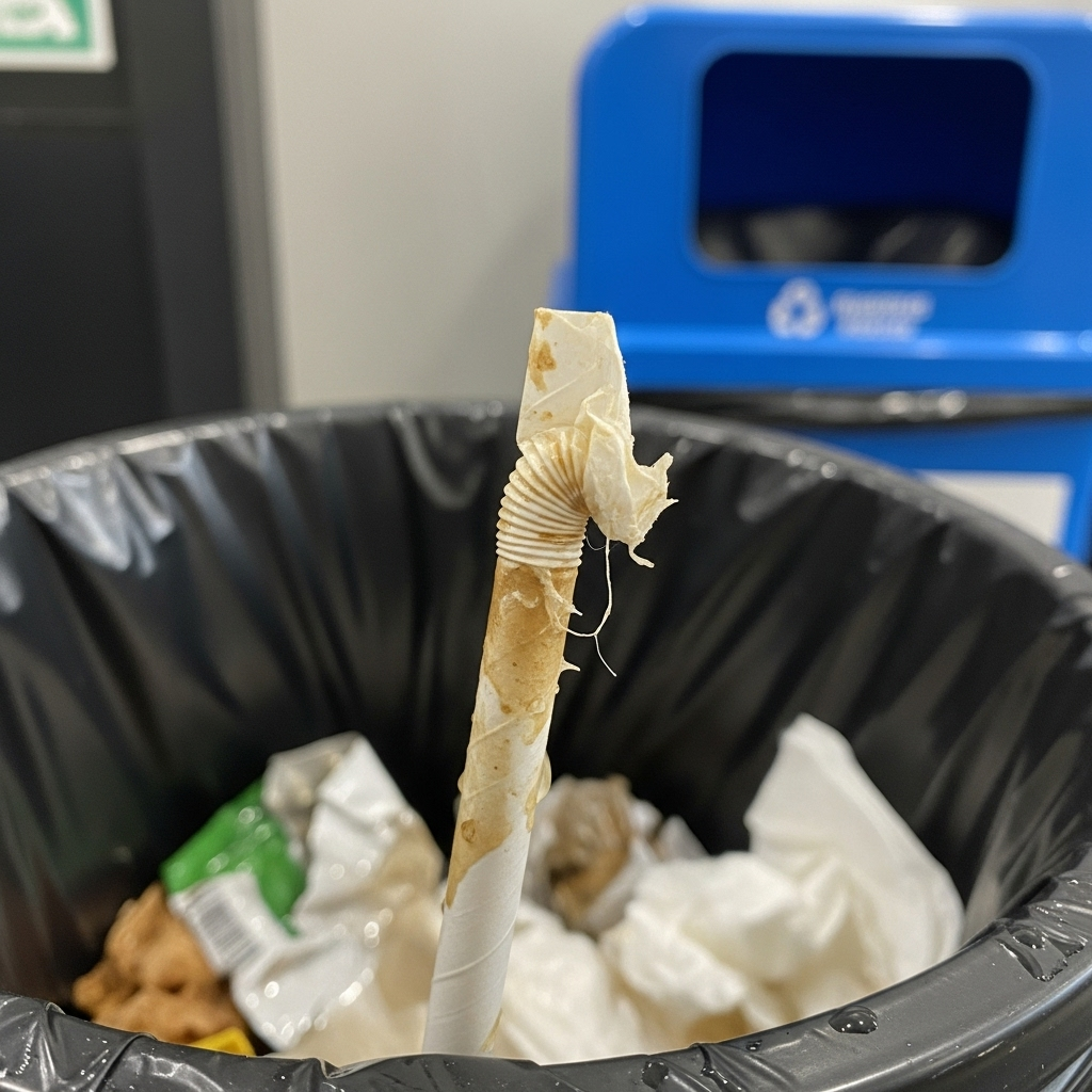 A close-up shot of a used paper straw, slightly crumpled and wet, discarded in a regular trash can. The image emphasizes the 'used' aspect and its likely destination, contrasting with a clean recycling bin.