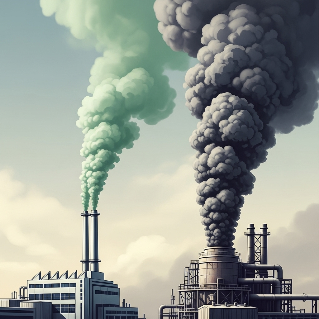 Two stylized factories. One factory on the left emits a small amount of green smoke (representing plastic production), and another factory on the right emits a much larger plume of dark gray smoke (representing paper straw production). The smoke difference is visually significant to illustrate the carbon footprint discrepancy. No text on the image.