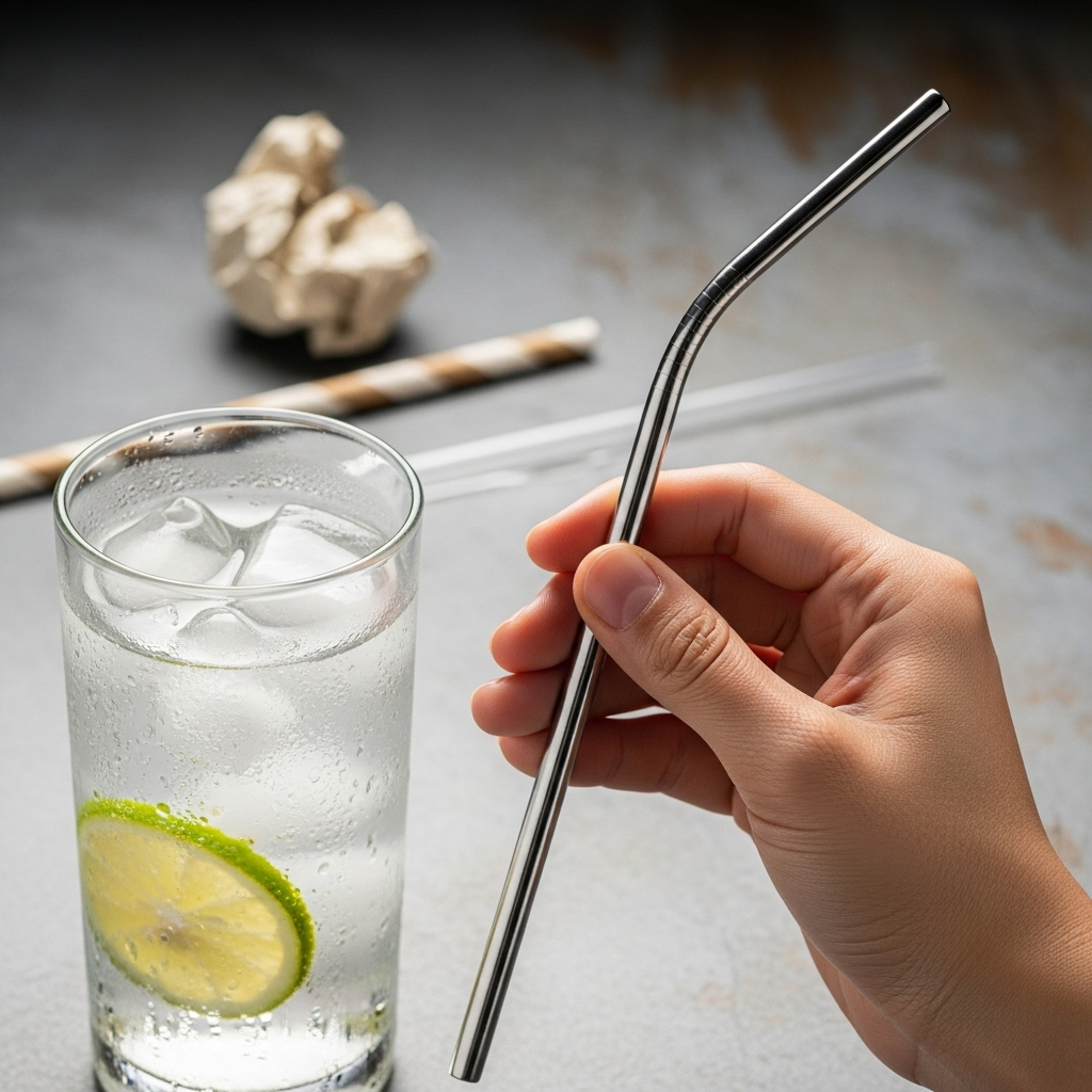 A hand holding a reusable metal straw, clean and sleek, next to a refreshing drink. In the background, subtly out of focus, are a crumpled paper straw and a plastic straw, implying a better alternative. The image conveys a sense of conscious choice.