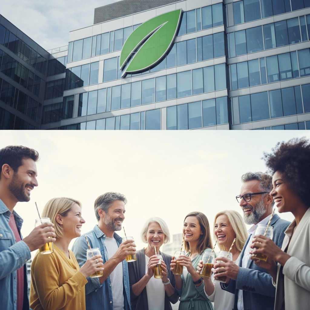 A corporate building with a large, stylized green leaf logo on it. Below the building, people are using paper straws and smiling, looking happy. The image is clean and symbolic, focusing on the public perception of 'green' corporate efforts. No text on the image.