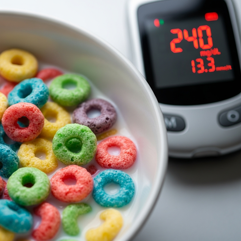 A close-up shot of a bowl of colorful, sugary cereal with milk, looking appealing but subtly hinting at artificiality. A small, stylized glucose monitor in the background shows a high reading, suggesting a blood sugar spike.