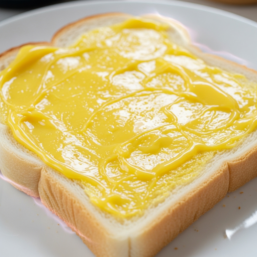 A slice of white toast with a thick layer of yellow margarine spread on it. The margarine has a somewhat artificial, glossy look, and a faint, slightly unsettling shimmer around it, representing unhealthy fats.