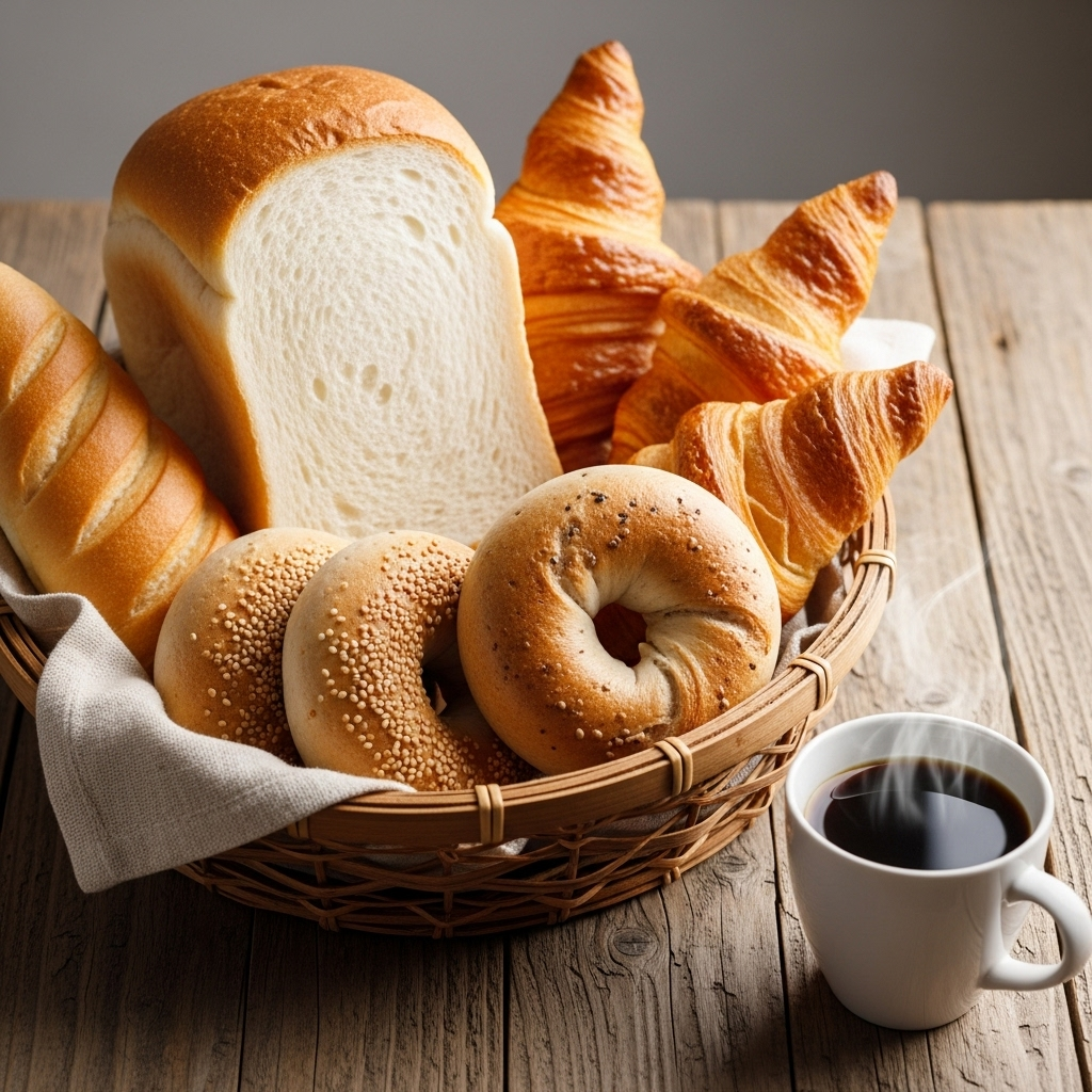 A basket of various baked goods like white bread, croissants, and bagels, looking delicious but with a subtle, almost unnoticeable dullness or dryness, hinting at their refined nature and lack of nutrients. A cup of coffee is nearby.
