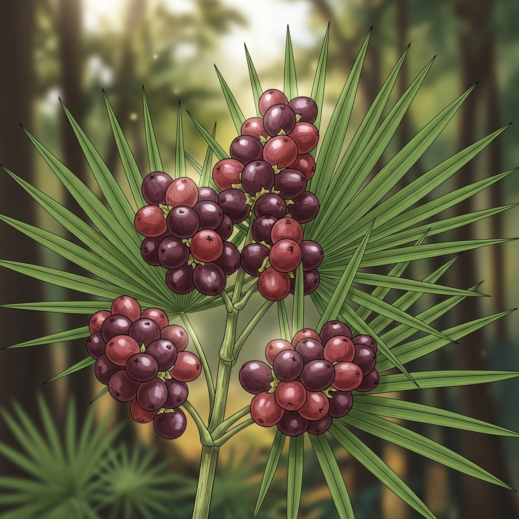 A vibrant, detailed illustration of Saw Palmetto berries and leaves, with a subtle, healthy glow around them, set against a natural background. The style is inviting and informative.