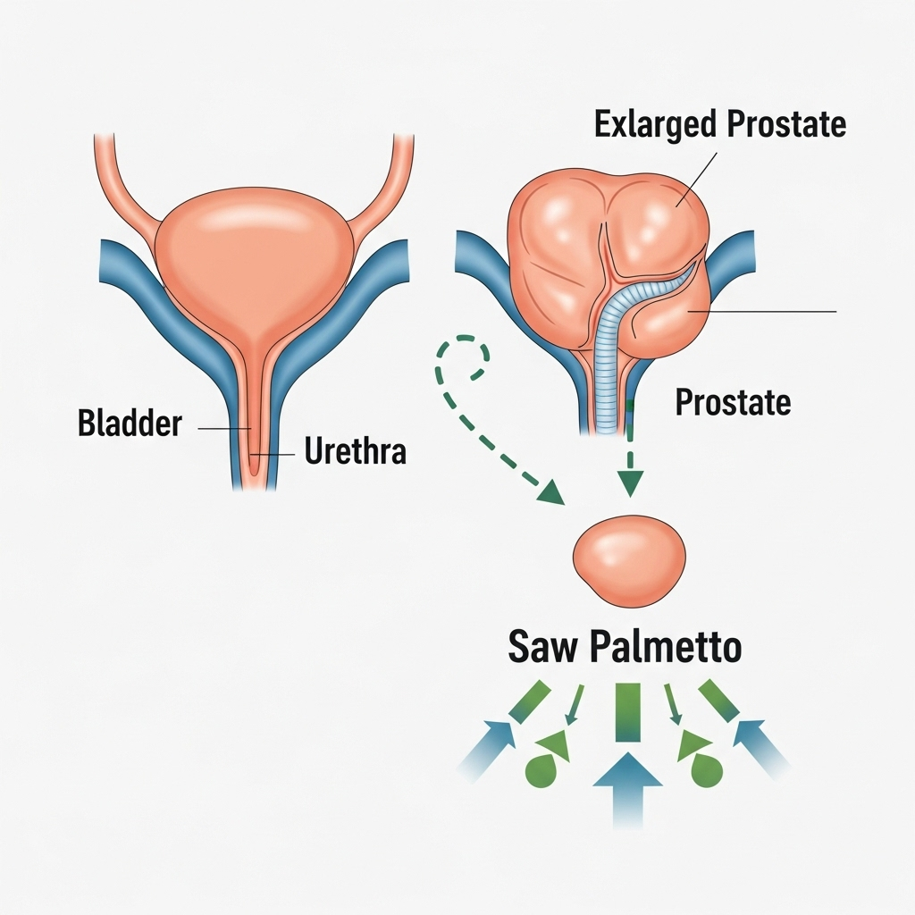 An infographic style image showing a diagram of a healthy prostate next to a slightly enlarged prostate, with arrows pointing to how Saw Palmetto might influence its size. Use clear, simple illustrations for organs.