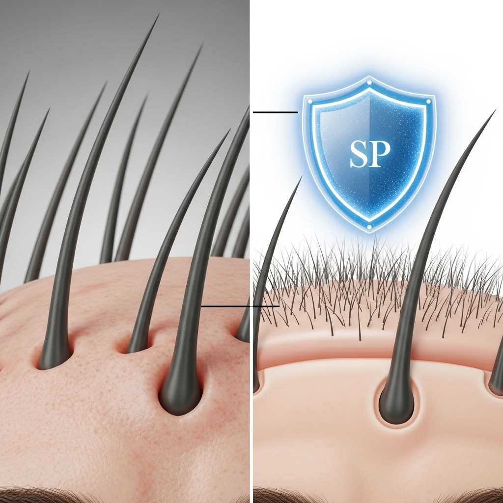 A close-up of a healthy scalp with strong hair follicles, alongside an illustration of a thinning hair area, with a protective shield icon representing Saw Palmetto's potential role.
