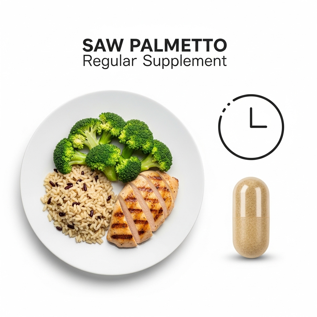 A simple graphic showing a plate of food with a Saw Palmetto supplement capsule next to it, and a clock icon indicating consistent timing. The style is clean and instructional.