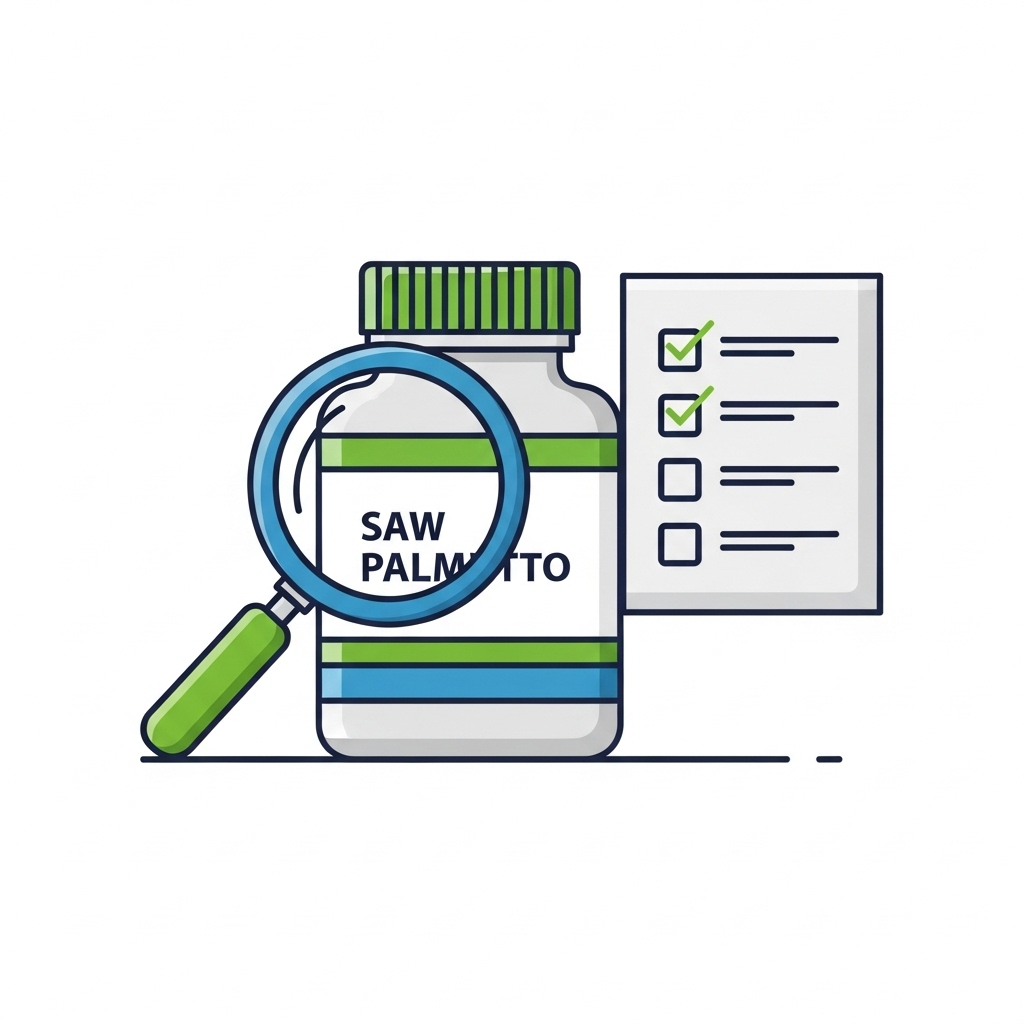 A stylized icon showing a magnifying glass over a Saw Palmetto supplement bottle, with a checklist next to it, representing careful selection and safety considerations.