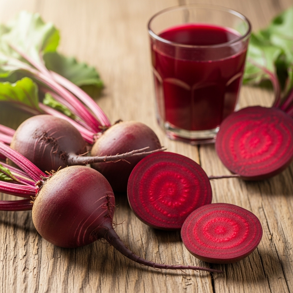A vibrant, close-up shot of fresh red beetroots on a rustic wooden table, with some sliced and a glass of rich red beetroot juice in the background. The lighting is natural and warm, emphasizing the fresh, healthy aspect of the beets and juice. No text in the image.