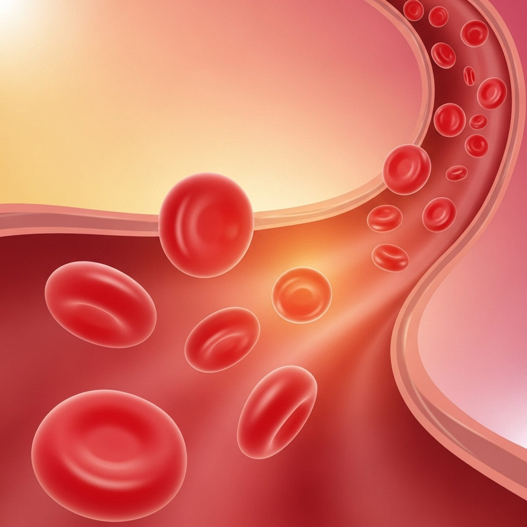 A stylized illustration of red blood cells flowing smoothly through a clean, open blood vessel. The background is a soft, warm health-related color palette. The image conveys a sense of health and vitality, focusing on the internal benefits. No text in the image.