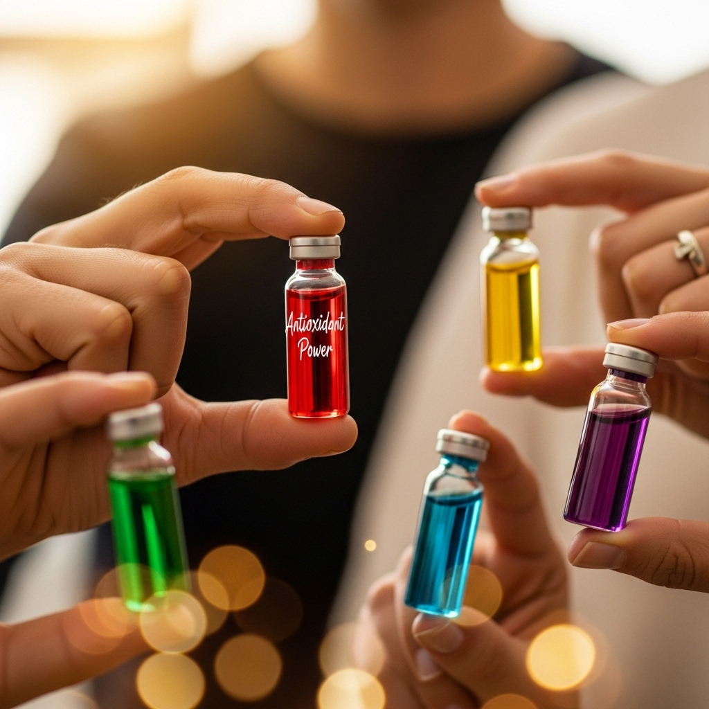A close-up shot of several hands holding small, glass vials containing different colored liquids, with one hand prominently holding a pomegranate-colored vial labeled "Antioxidant Power". The hands are diverse, and the background is a soft, warm glow, symbolizing health and vitality.