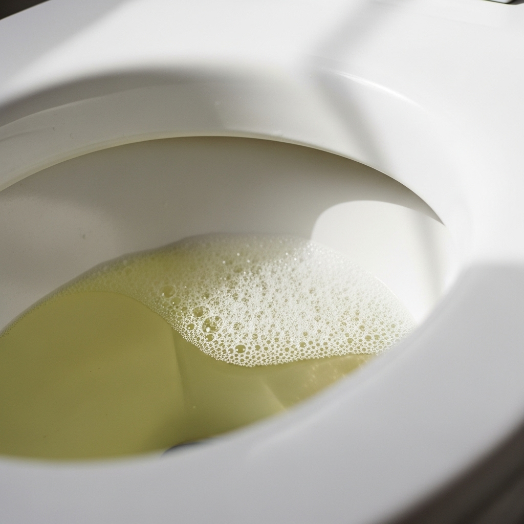 A close-up of foamy urine in a clean toilet bowl, with soft, natural lighting. The foam is subtle but persistent. No visible text on the image.