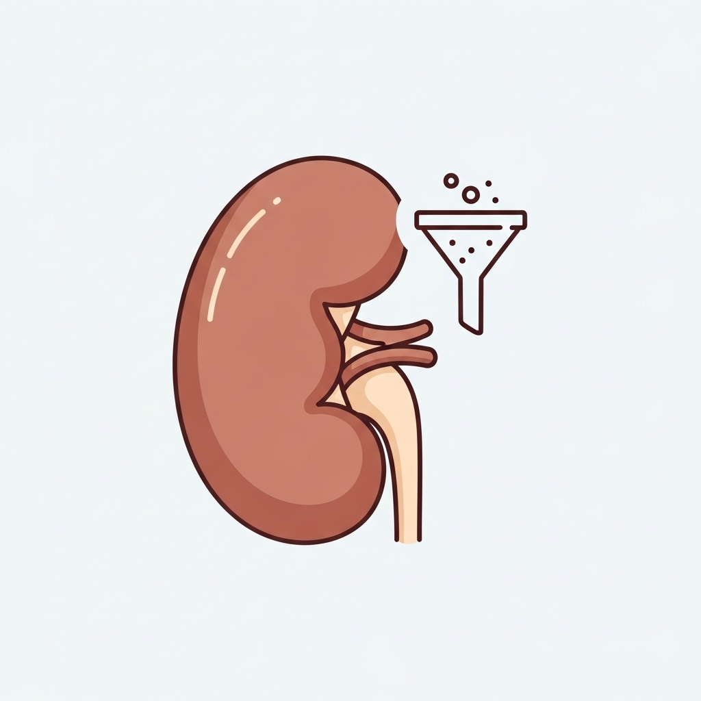 신장 - A simple illustration of a kidney with a small filter icon, symbolizing its filtering function. The kidney is depicted in a healthy, warm color. No visible text on the image.