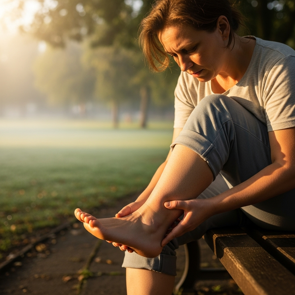 A person gently touching their swollen ankle, with a concerned expression. The lighting is soft and implies a morning scene. No visible text on the image.
