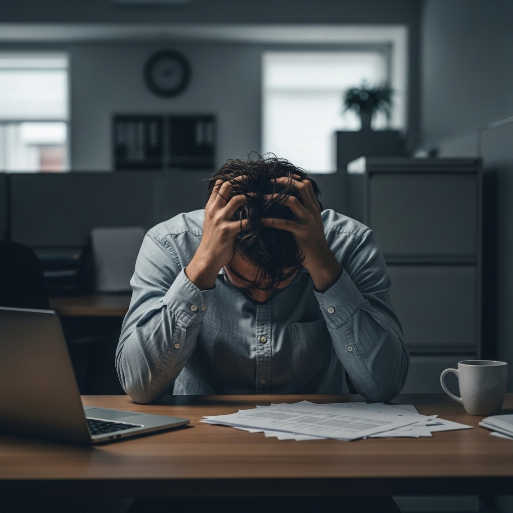A person sitting at a desk with their head in their hands, looking tired and drained. The background is a slightly blurred office setting. No visible text on the image.