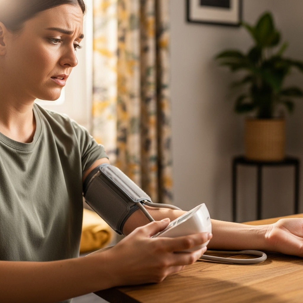A person holding a blood pressure monitor on their arm, with a concerned look. The background is a soft, domestic setting. No visible text on the image.