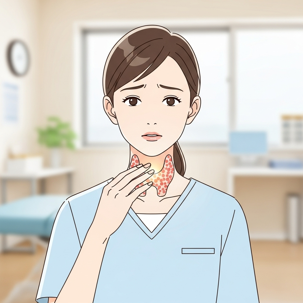 A simple, clean illustration of a woman gently touching her neck area, looking concerned but not distressed, with a subtle light illuminating the thyroid region. The background is a soft, warm medical office setting. No text on image.