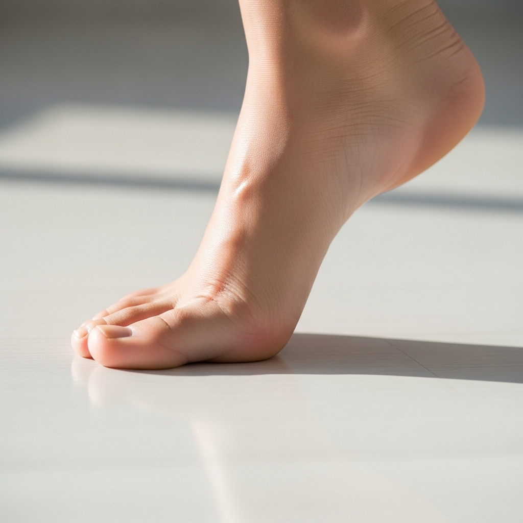 A close-up shot of a healthy, smooth bare foot with soft, moisturized skin, stepping gently on a clean, light surface. The focus is on the comfort and well-being of the foot.