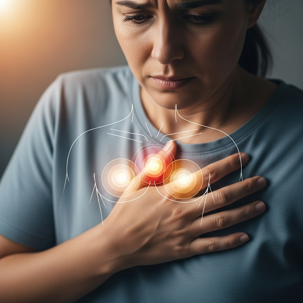 A person holding their chest with a worried expression, a subtle infographic overlay showing different areas of chest pain, in a warm, comforting light. No text on image.