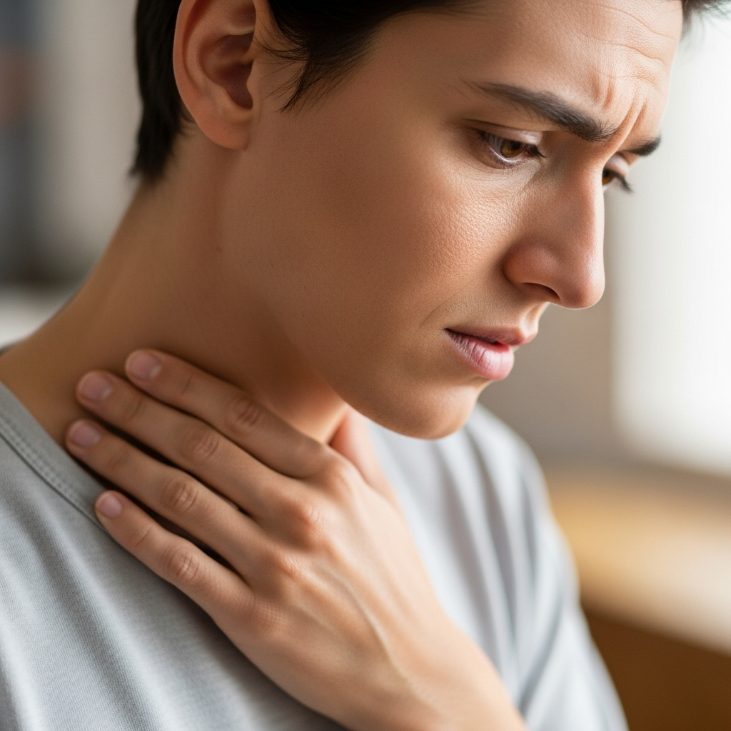A person gently touching their throat/chest area with a concerned but not distressed expression, representing mild discomfort or symptom awareness. The background is soft and clean, with no medical instruments.